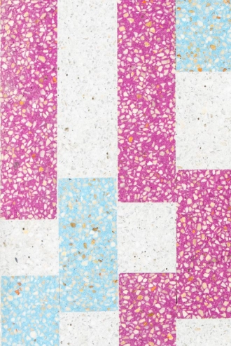 Terrazzo tiles are adorned with white, pink, and blue rectangles