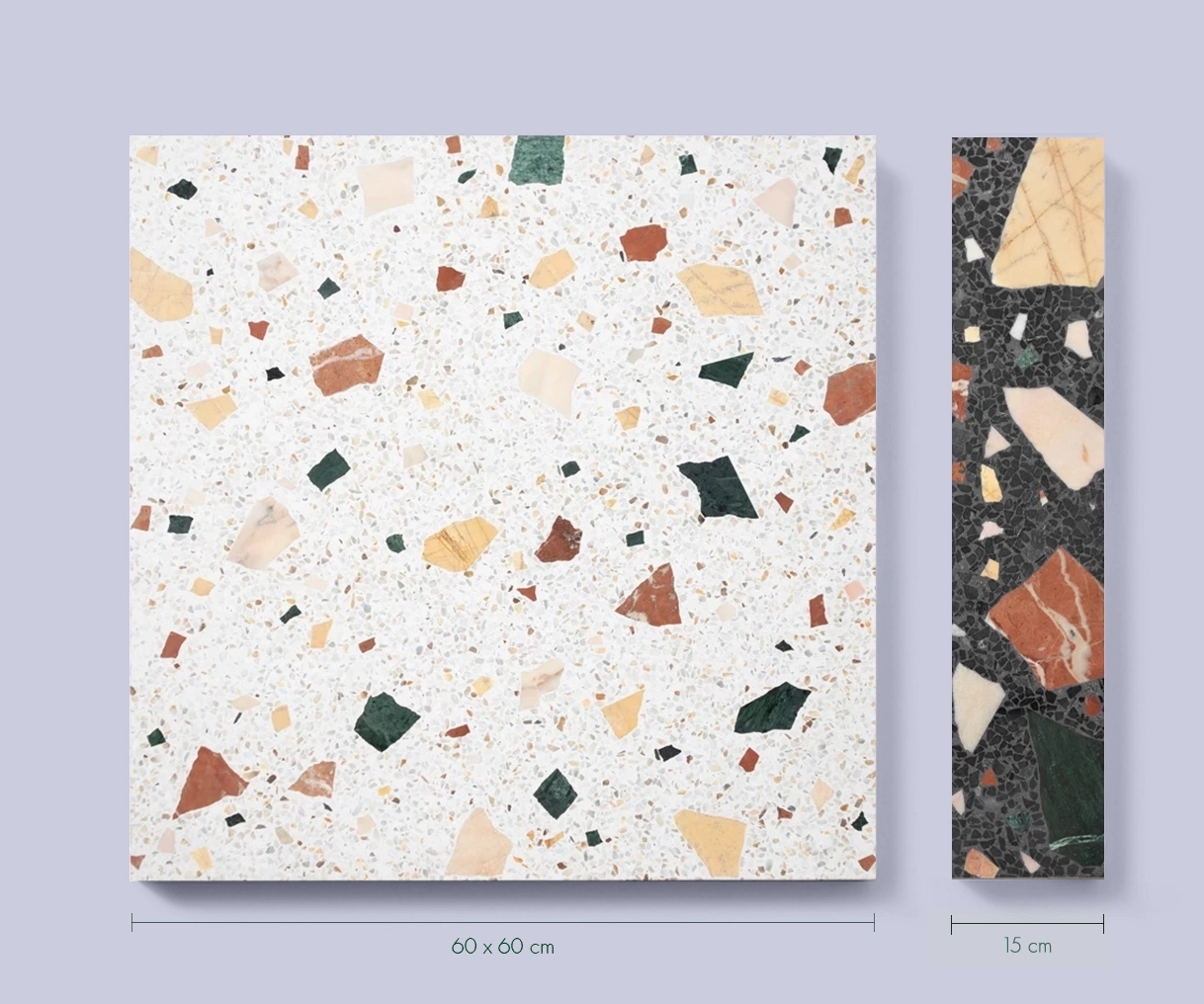 Terrazzo tiles are white, cream, beige, red, green, and black